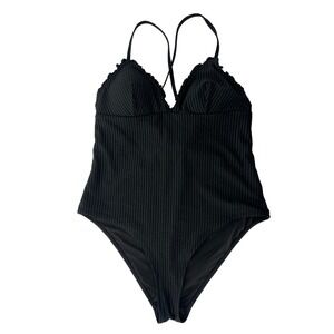 H&M Ribbed One Piece Swimsuit Black Padded Bust Adjustable Straps Large